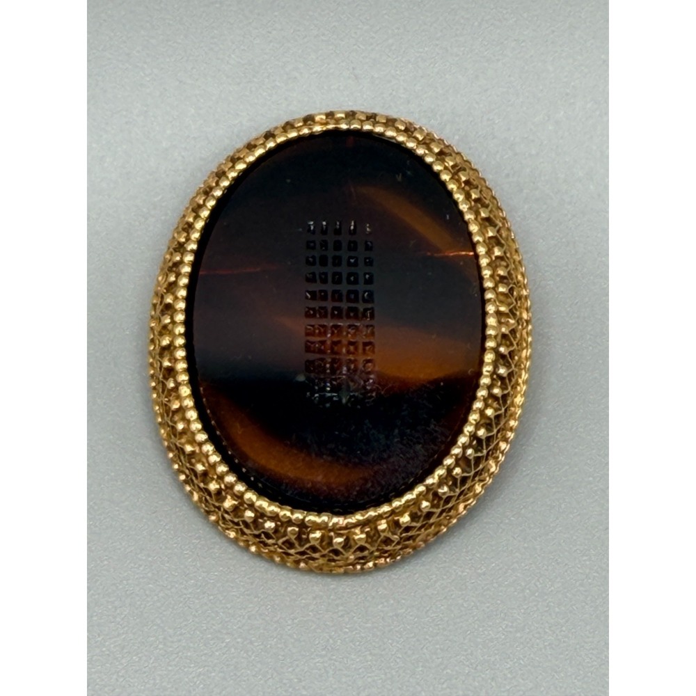 Vintage‎ Florenza Brown Art Glass Gold Tone Oval Etched Brooch #960